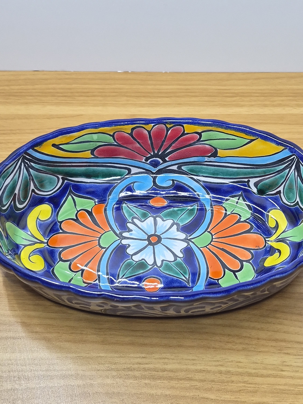 Vintage Talavera Pottery Oval Serving Bowl Hand Painted Floral Cobalt Blue Mexic